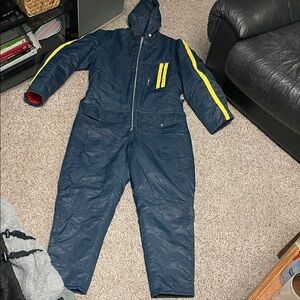 Vintage 70s Navy Blue Snowsuit with Yellow Stripe accents- almost new